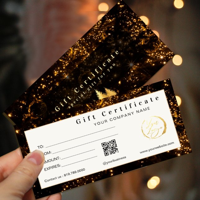 Elegant Black and Guld Gift Certificate (Elegant Black and Gold Gift Certificate Cards #christmas #newyear #jounery #wintergiftcard #chick)