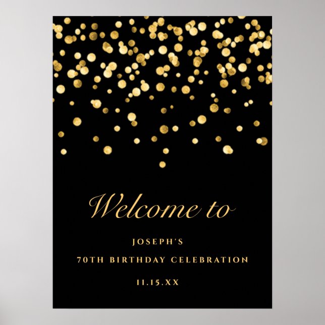 Elegant Black and Guld Glitter 70:e Födelsedagsfes Poster (Framsidan)
