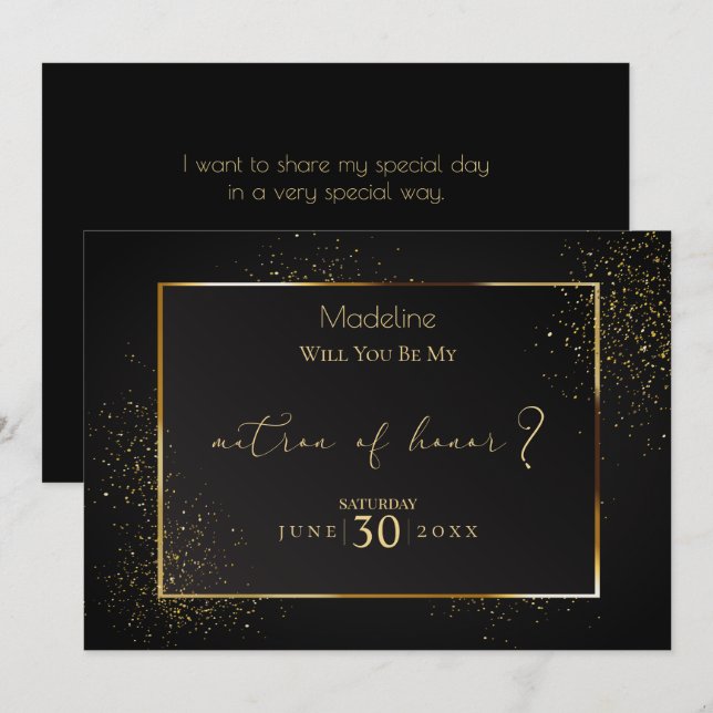 Elegant Black and Guld Glitter Matron of Honor Inbjudningar (Fram/baksida)