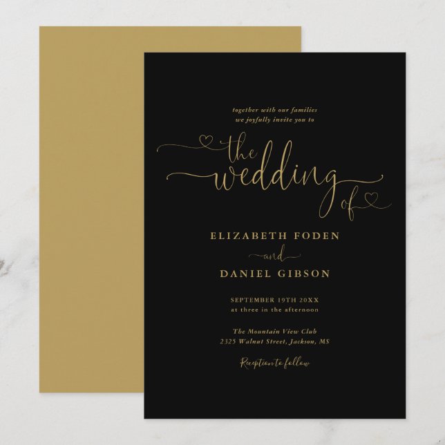Elegant Black and Guld Hearts Calligraphy Bröllop Inbjudningar (Fram/baksida)