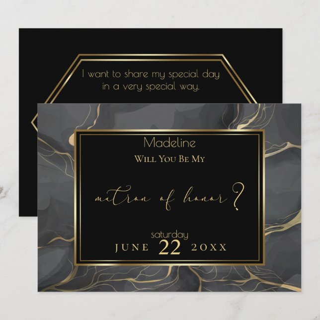 Elegant Black and Guld Marble Matron of Honor Inbjudningar (Fram/baksida)