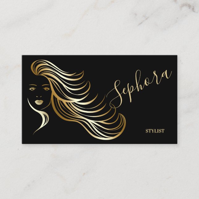 Elegant Black and Guld Metallic Foil Hair Stylist Visitkort (Framsida)