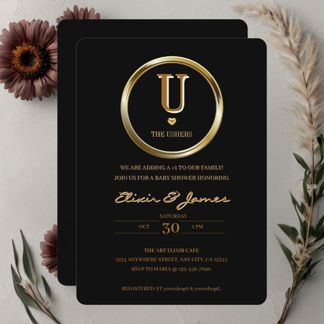 Elegant Black and Guld Monogram Family Baby Shower Inbjudningar (Skapare uppladdad)