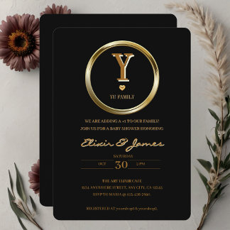 Elegant Black and Guld Monogram Family Baby Shower Inbjudningar