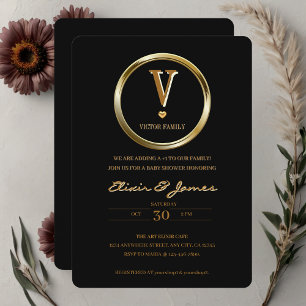 Elegant Black and Guld Monogram Family Baby Shower Inbjudningar