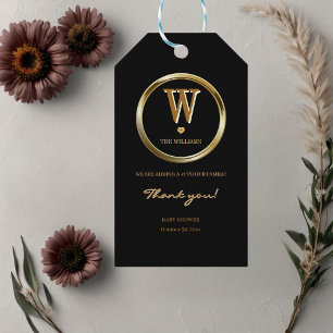 Elegant Black and Guld Monogram Family Baby Shower Presentetikett