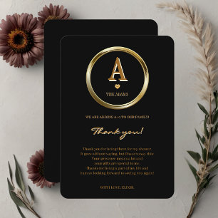 Elegant Black and Guld Monogram Family Baby Shower Tack Kort