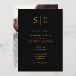 Elegant Black and Guld Monogram Photo Bröllop Inbjudningar