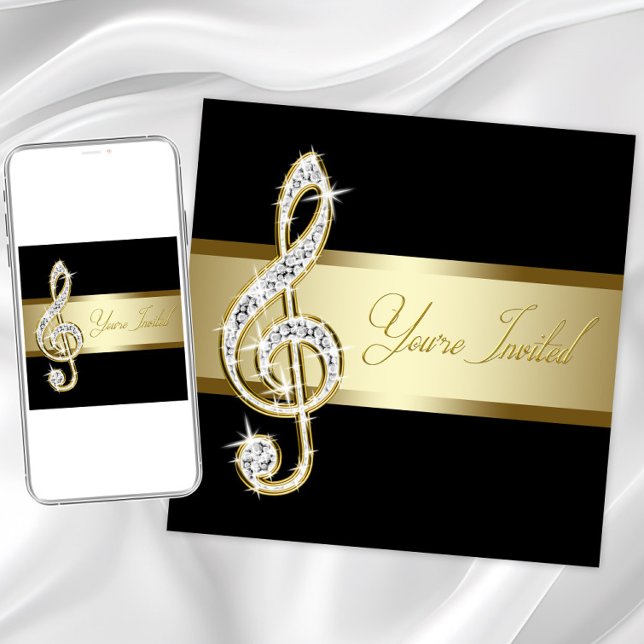 Elegant Black and Guld Music Treble Clef Inbjudningar (Elegant any musical event invitation with beautiful diamond and gold treble clef. )