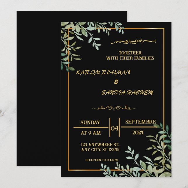 Elegant Black and guld Muslim Wedding bjudande Inbjudningar (Fram/baksida)