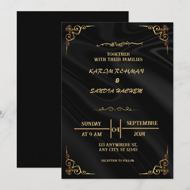 Elegant Black and guld Muslim Wedding bjudande Inbjudningar (Fram/baksida)