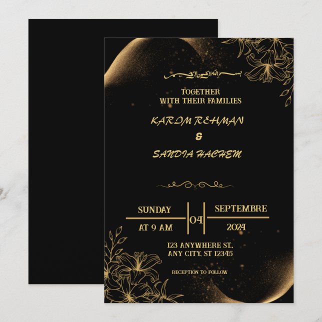 Elegant Black and guld Muslim Wedding bjudande Inbjudningar (Fram/baksida)