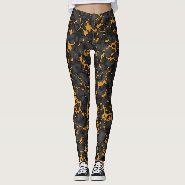 Elegant Black and Guld Onyx Marble Struktur Design Leggings (Framsida)