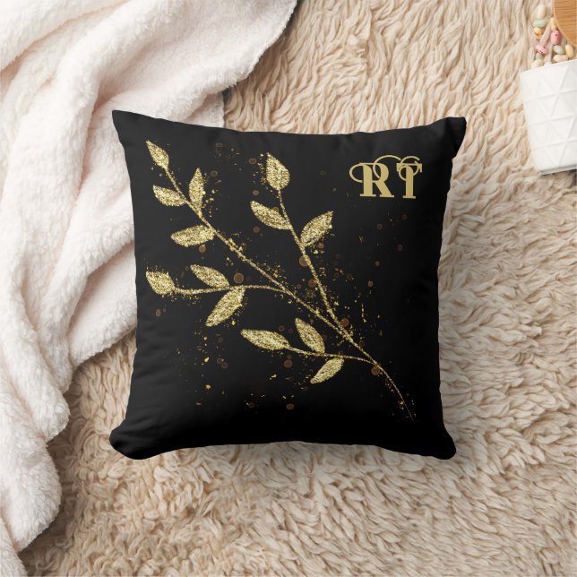 Elegant Black and guld Plant monogram Kudde (Filt)