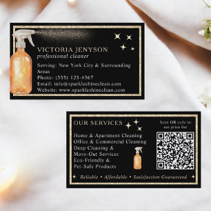 Elegant Black and Guld Städning QR-kod Visitkort