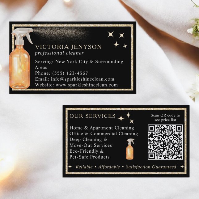 Elegant Black and Guld Städning QR-kod Visitkort (Elegant Black and Gold Cleaning Service Qr Code Business Card)