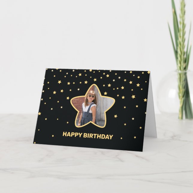 Elegant Black and Guld Superstar Photo Birthday Kort (Framsida)