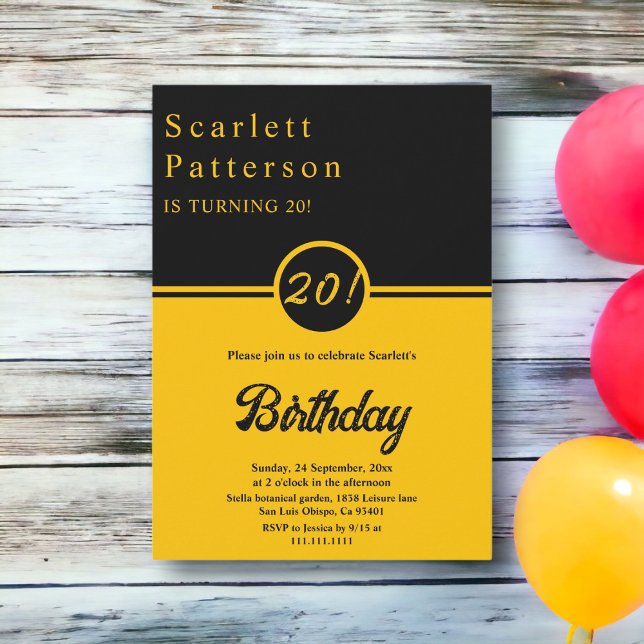 Elegant Black and Guld Trendig Chic 20:e födelseda Inbjudningar (Skapare uppladdad)