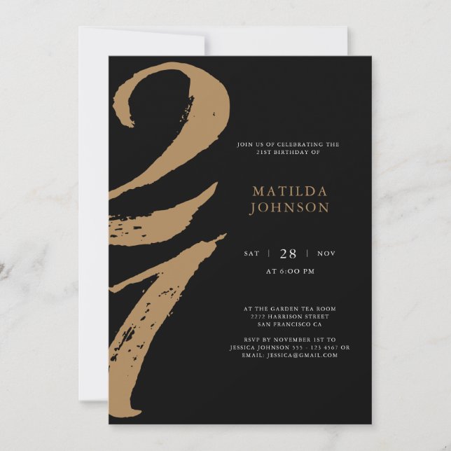 Elegant Black and Guld Typography 21 Birthday Inbjudningar (Framsida)