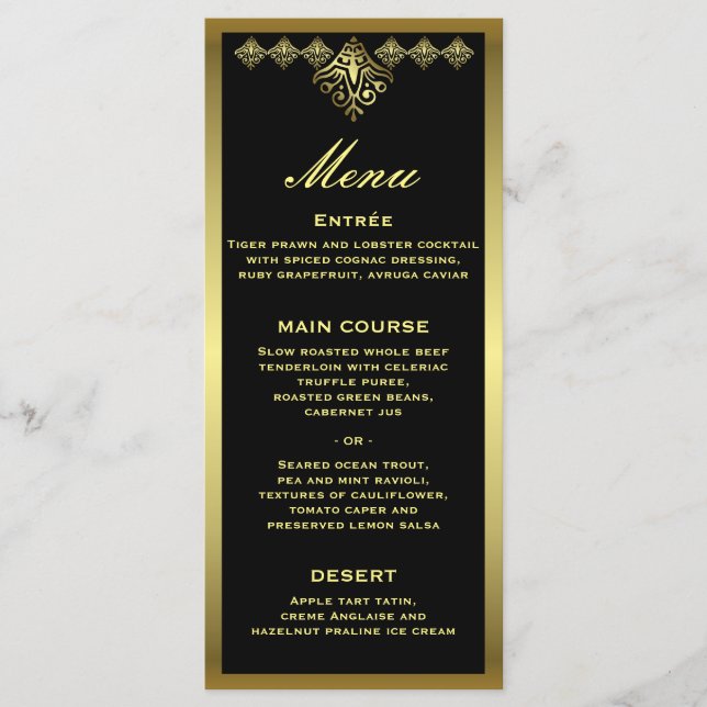 Elegant Black and Guld Wedding Reception Menu Meny (Framsida)