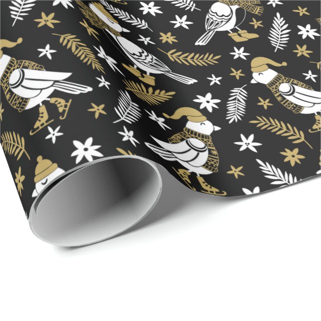 Elegant Black and Guld Woodland Bird Presentpapper (Rullad Hörn)