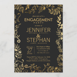 Elegant Black and Gult Guld Blommigt Förlovning Inbjudningar