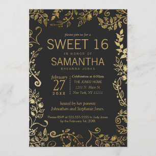 Elegant Black and Gult Guld Blommigt Sweet 16 Inbjudningar