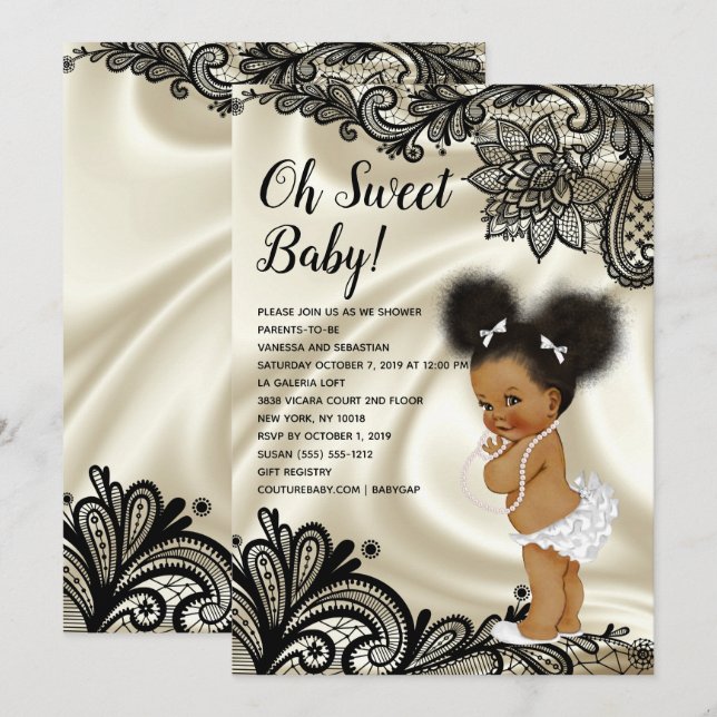 Elegant Black and Ivory Baby Shower Afro Puffs Inbjudningar (Fram/baksida)