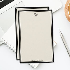 Elegant Black and Ivory Monogram Two Border Brevpapper