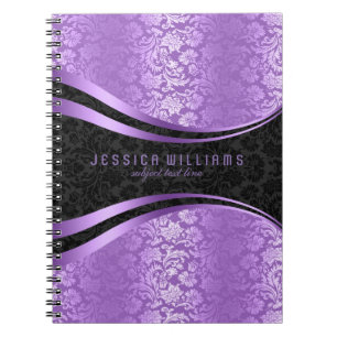 Elegant Black and Lavender Blommigt Damask Mönster Anteckningsbok Med Spiral