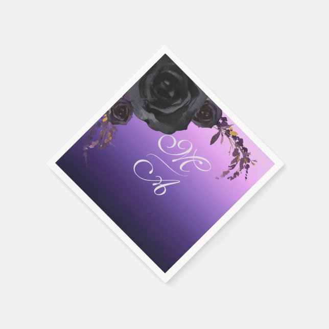 Elegant Black and Lila Blommigt Monogram Bröllop Pappersservett (Hörn)