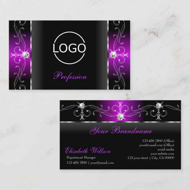 Elegant Black and Lila Squiggled Jewels add Logoty Visitkort (Fram/baksida)