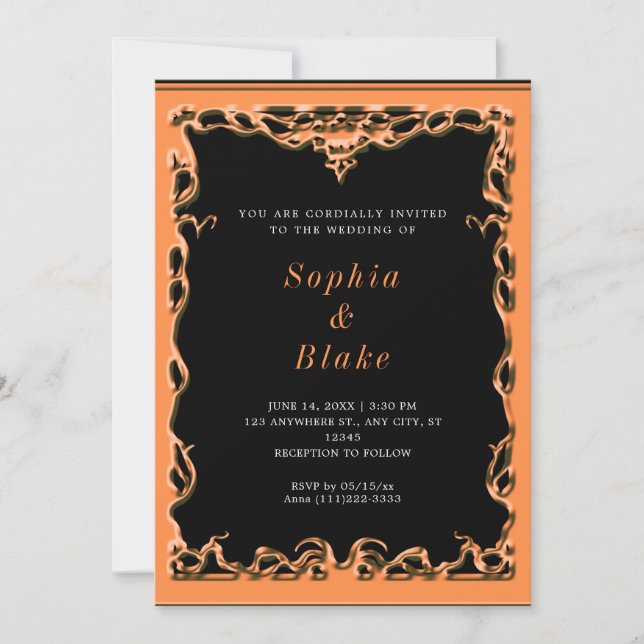 Elegant Black and Orange Art Deco Bröllop Inbjudningar (Framsida)