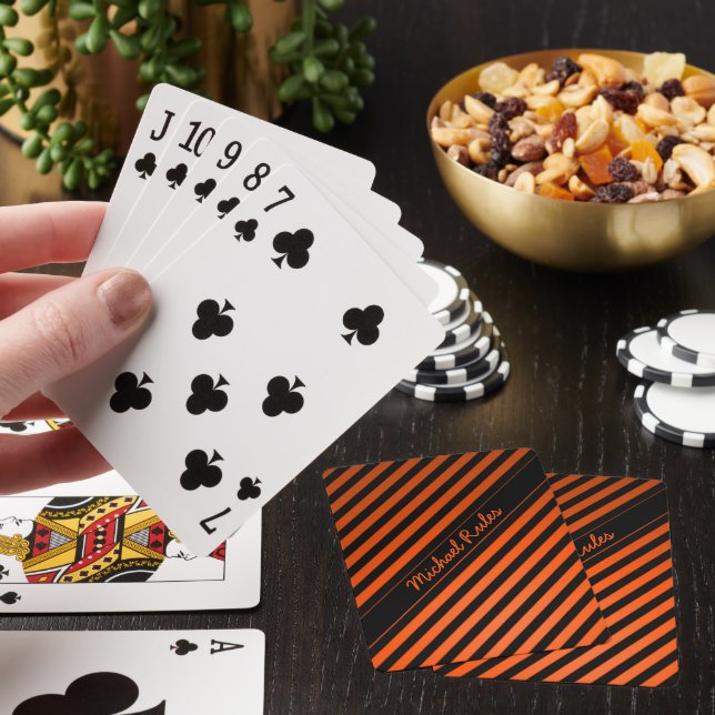 Elegant Black and Orange Diagonal Rand Namn Casinokort (På plats)