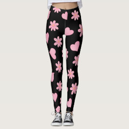 Elegant black and pink flowers cute hearts leggings