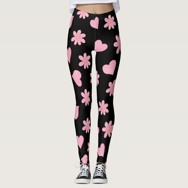 Elegant black and pink flowers cute hearts leggings (Framsida)