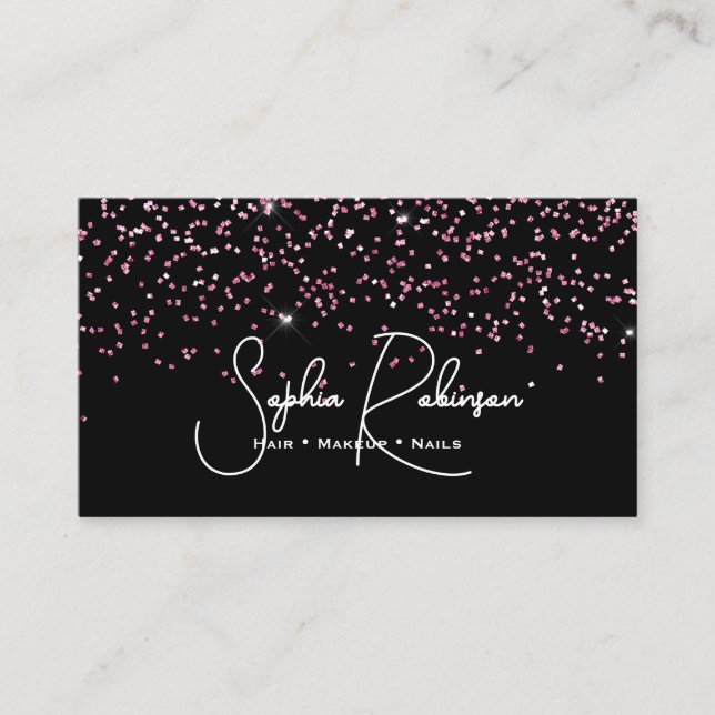 Elegant Black and Pink Glitter Salon Business Card Visitkort (Framsida)
