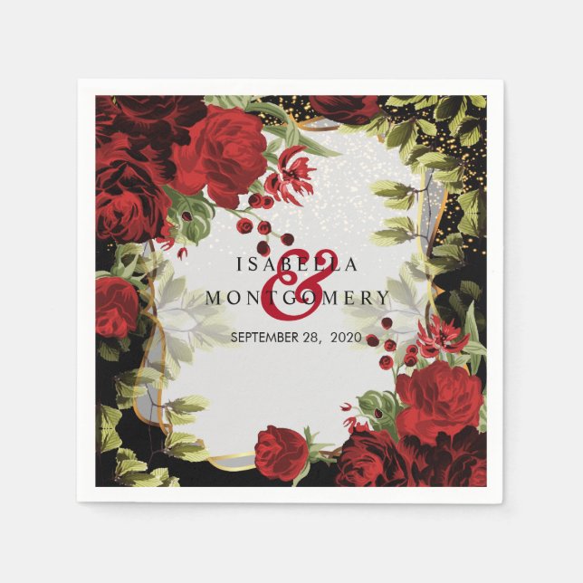 Elegant Black and Red Blommigt Bröllop Pappersservett (Framsidan)