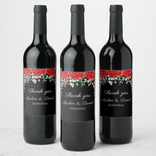 Elegant Black and Red Blommigt Bröllop Vinflaska Etikett