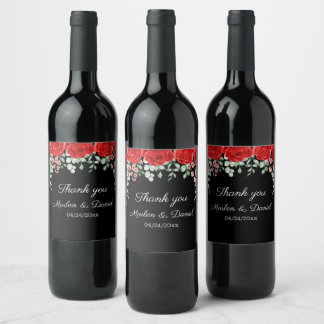 Elegant Black and Red Blommigt Bröllop Vinflaska Etikett