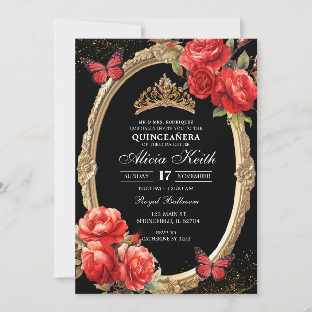 Elegant Black and Red Roses Gold Quinceanera Inbjudningar (Framsida)