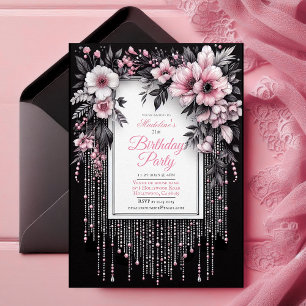 Elegant Black and Rosa Blommigt Birthday-inbjudan Inbjudningar