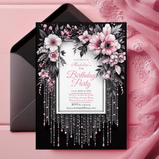 Elegant Black and Rosa Blommigt Birthday-inbjudan Inbjudningar