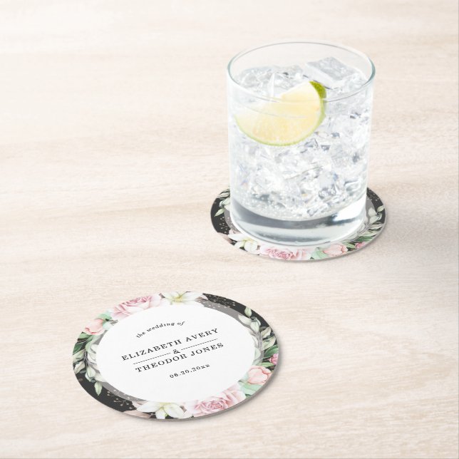 Elegant Black and Rosa Blommigt Bröllop Underlägg Papper Rund (Insitu)