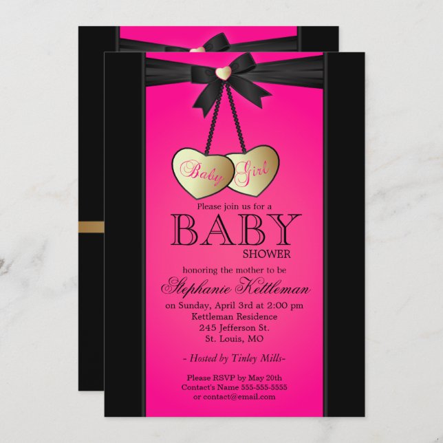 Elegant Black and Rosa Damask| Babyskor Inbjudningar (Fram/baksida)