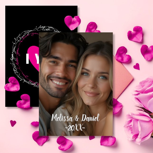 Elegant Black and Rosa Kärlek Valentine-foto Julkort (Elegant Black and Pink Love Valentine's photo Holiday Card)
