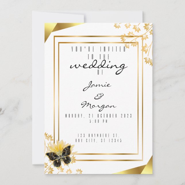 Elegant Black and Shiny Butterfly White Bröllop Inbjudningar (Framsida)