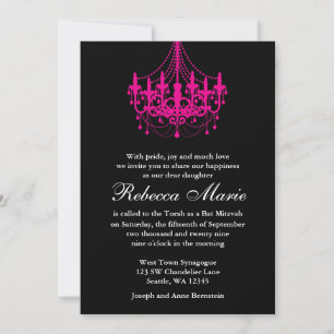 Elegant Black and Shock rosa Chandelier Bat mitzva Inbjudningar