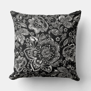 Elegant Black and Silver Blommigt Baroque Damask Kudde