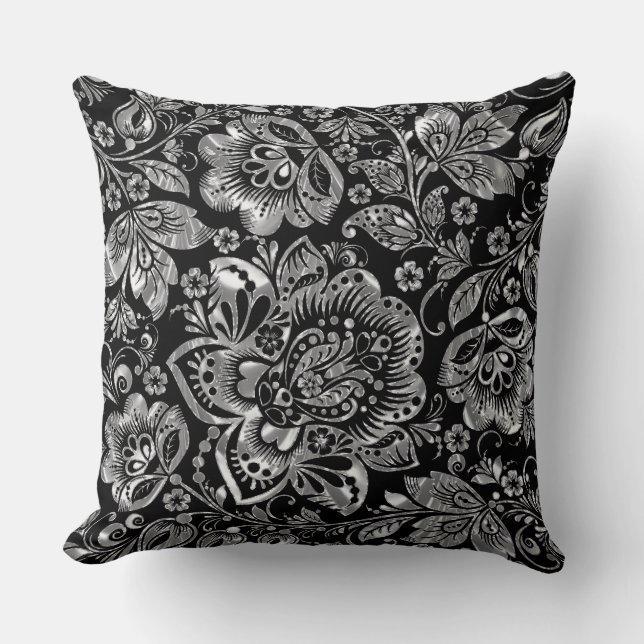 Elegant Black and Silver Blommigt Baroque Damask Kudde (Framsida)